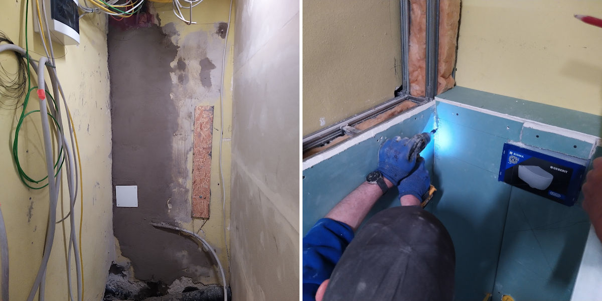 Zwei Bilder, eine frisch verspachtelte Wand und das Festschrauben von Wandplatten