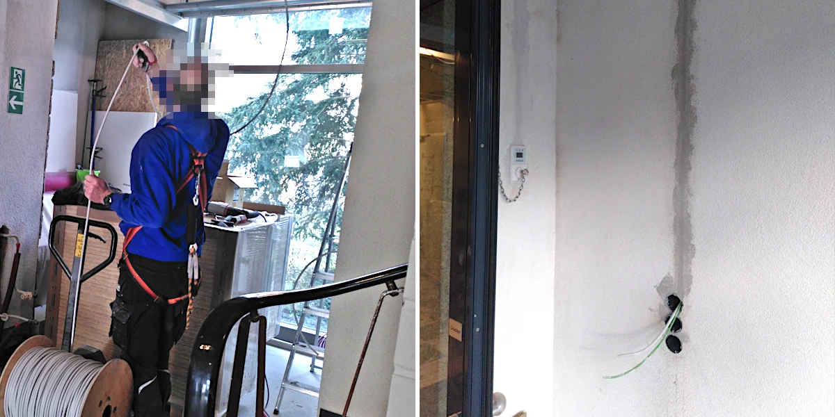 Zwei Bilder, Kabel werden von einer Rolle abgerollt und zwei in der Wand eingegipste Kabel