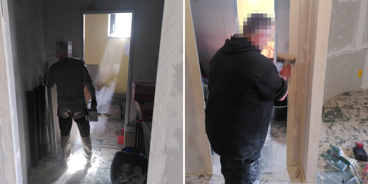 Männer beim spachteln und abschleifen