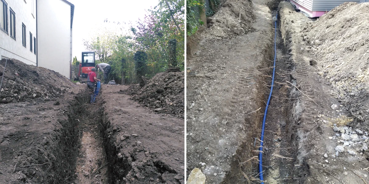 Graben und blaues Rohr im Graben