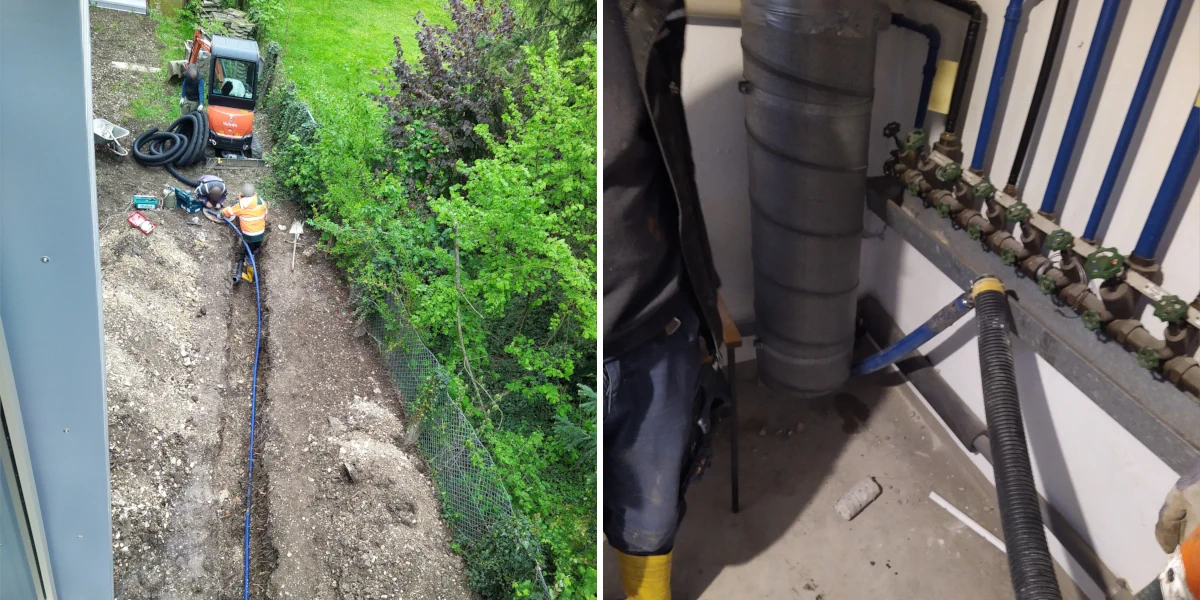 Graben und blaues Rohr im Graben