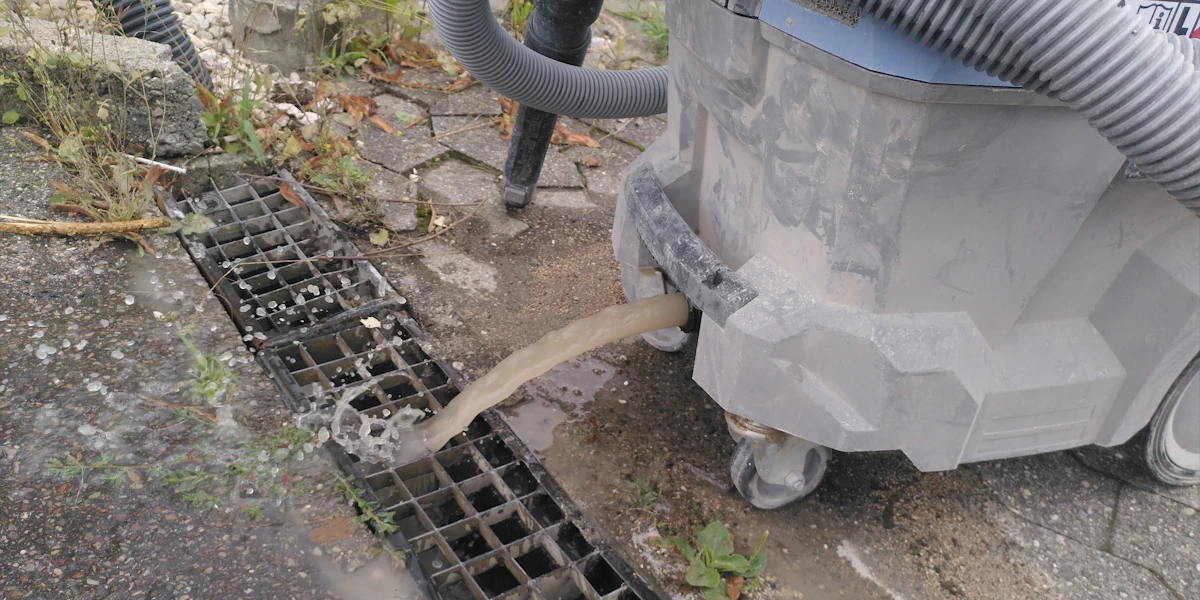 Das Wasser aus dem Staubsauger wird geleert