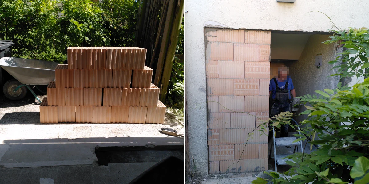 Mauersteine links die rechts eine Wand bilden